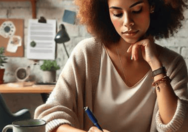 a woman sitting at a desk with a notebook and pen