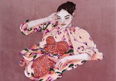 an embroidery of a woman in a pink dress and floral kimono sitting