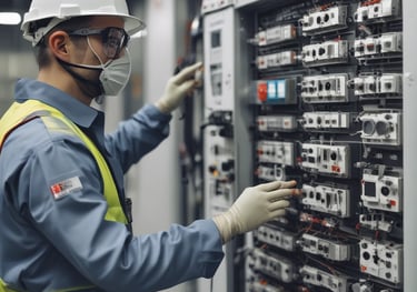 electrical protection engineer checking the control and relay panels of the switchgear