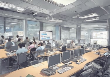 a office with a workers gathering around a presentation