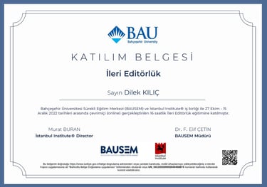 İleri Editörlük sertifikası dilek kılıç bausem 