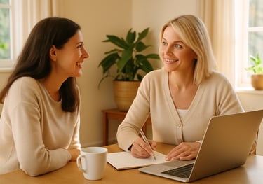 Individuelles Gesundheitscoaching – zwei Frauen sitzen am Tisch mit Laptop, Stift und Notizen und be