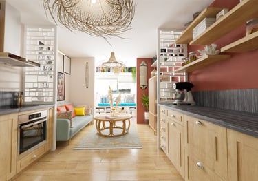 a kitchen with a couch and a table