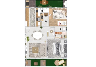 a plan of a house with a living room and dining area