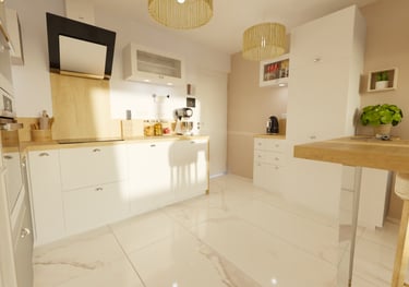 a kitchen with a table and chairs and a table