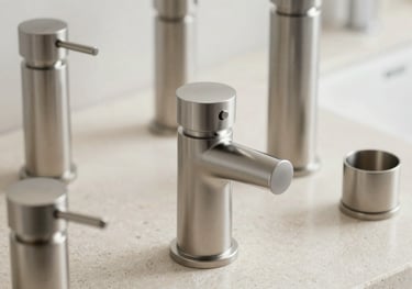 A focused close-up of high-quality metallic bathroom fittings and accessories arranged on a clean, light-colored stone surface. The style is minimalist and high-end, showcasing the smooth finish and quality of the materials.