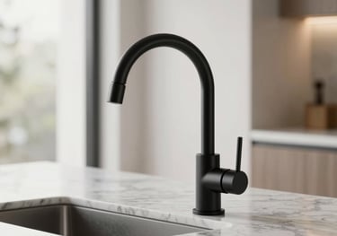 A sleek, contemporary kitchen faucet in matte black finish, installed on a luxury marble countertop. The image is bright and airy, reflecting a modern Middle Eastern interior design style with soft natural light.