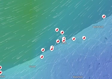 Screenshot of the Windfinder app displaying wind speed, direction, and forecast data 