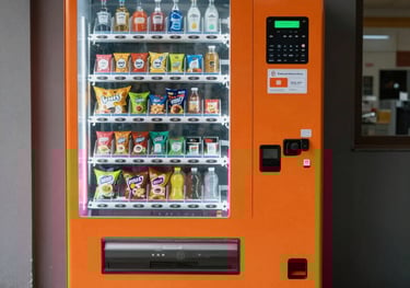 Friendly snackzia technician performing maintenance on a vending machine in a busy workplace.
