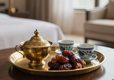 Close-up of a high-end hotel room interior in Saudi Arabia. A tray with a brass Dallah, fresh dates, and small porcelain cups sits on a dark wood table. Soft morning light, elegant and welcoming hospitality setup.