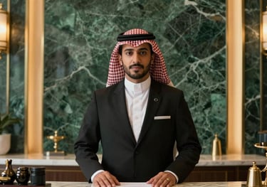A luxury hotel concierge desk in Saudi Arabia. The background shows a wall with deep green marble and gold accents. The lighting is warm and sophisticated. Middle Eastern / Gulf setting.