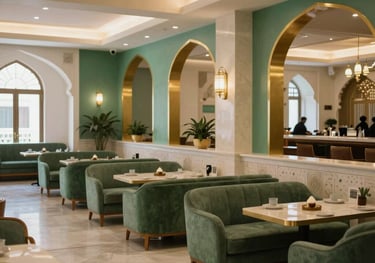 A serene hotel lounge in Madinah, with soft lighting and green and gold accents. Clean architectural lines reflecting the peaceful Middle Eastern / Gulf aesthetic of the holy city.