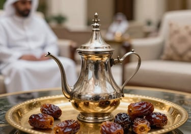 A close-up photograph of traditional Saudi hospitality: a silver coffee pot and dates on a gold tray, set in a sophisticated Middle Eastern / Gulf hotel lounge with soft focus.