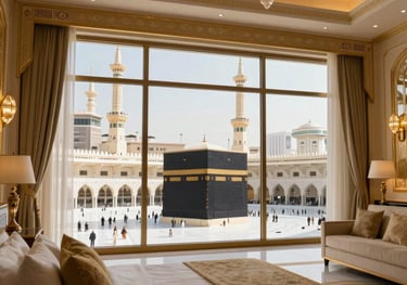 Interior view of a luxury hotel suite in Makkah. Large windows reveal the Masjid al-Haram. The room is decorated in an elegant Middle Eastern / Gulf style with gold and cream accents. Bright, airy daylight.