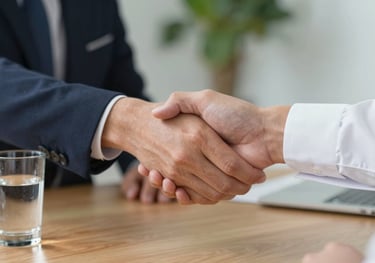 A handshake between two professionals over a clean wooden desk, with a glass of water and a plant in the background, representing ethical partnership.