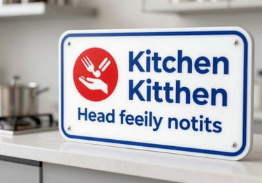 A focused shot of a kitchen safety sign and a clean preparation area, emphasizing hygiene protocols and the brand's commitment to food safety.