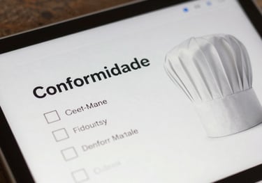 A close-up of a digital tablet showing a checklist with 'Conformidade' written on it, next to a professional culinary hat, symbolizing regulatory compliance.