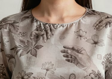 Detail shot of a woman's silk top featuring delicate hand-block printing. Close up on fabric texture and intricate patterns in #7A6F62 and #F5F2EF.