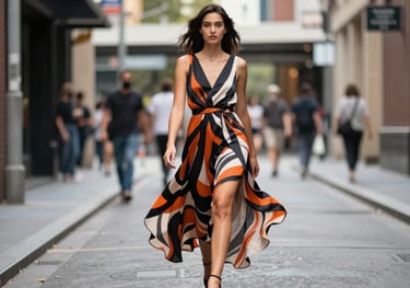 Full length shot of a female model in a flowing fusion dress with bold patterns, walking down a Melbourne laneway. Dynamic, fashion-forward composition.