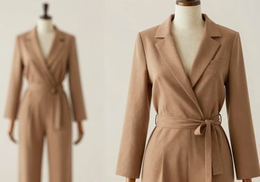 A stylish women's co-ord set in earth tones, displayed on a wooden mannequin. Soft natural lighting, fashion-forward and premium feel.