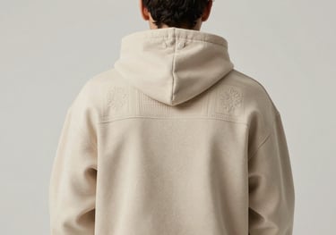 Model from the back wearing a premium beige hoodie, showing the large, intricate cultural embroidery across the shoulders. Neutral lighting, palette #F5F2EF.