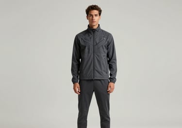 Studio shot of a male model wearing joggers and a tech-style jacket with subtle geometric patterns. Confident pose, neutral urban background in #F5F2EF tones.