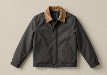 Product shot of a dark charcoal grey jacket with tan suede collar detail, flat lay on a beige linen background. Minimalist lighting, palette #2C2C2B and #C7B5A0.