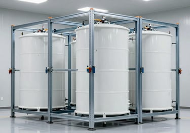 Industrial photography of a large, modular energy storage rack in a clean, modern utility room, steel blue and cloud white accents.