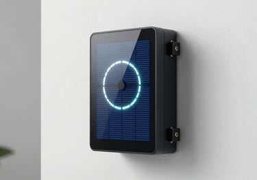 A sleek, wall-mounted smart solar inverter with a glowing LED status ring, modern hardware design, cloud white background.