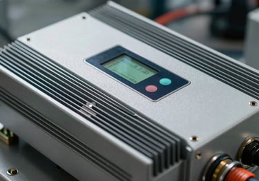 Detailed close-up of a three-phase commercial solar inverter with cooling fins and a digital status panel, industrial tech aesthetic.