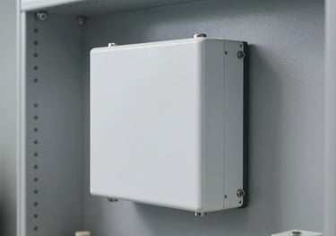 A clean, white lithium-iron-phosphate battery module mounted on a grey wall in a professional utility closet, minimalist industrial style.