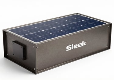 Sleek industrial product shot of a dark steel solar battery unit on a clean white background, highlighting high-tech design and durability.