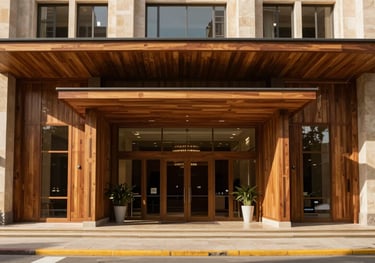The welcoming entrance of a modern cultural center in a South American / Brazilian / Bolivian city, featuring elegant wooden architecture and warm sand stone details.