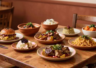 A beautiful spread of traditional Bolivian cuisine served on a modern table in a South American / Brazilian / Bolivian restaurant, captured with warm lighting and terracotta orange tones.