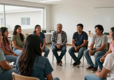 A group of South American / Brazilian / Bolivian people sitting in a circle, engaged in a joyful conversation in a modern, light-filled community room.
