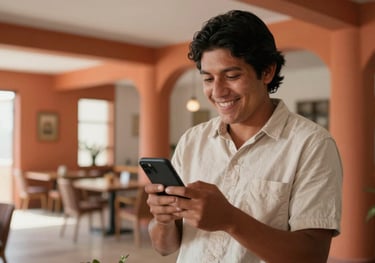 A smiling person in a modern South American / Brazilian / Bolivian community center holding a smartphone, with warm terracotta orange accents in the decor and soft natural lighting.