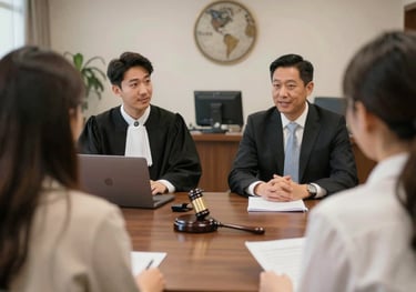 Team of lawyers discussing strategy in a sleek, minimalist office.