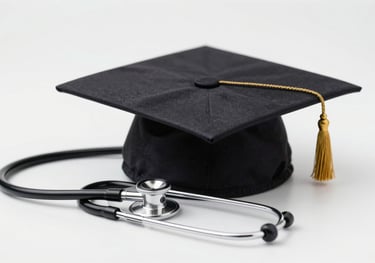 An image of a stethoscope and a graduation cap together, signifying the health and education lines of action within the association's mission.