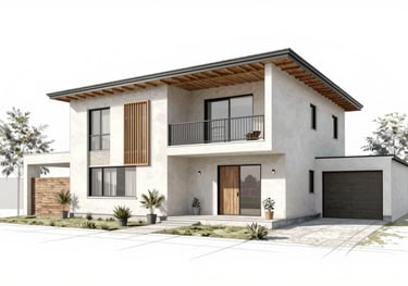 An architectural sketch or blueprint of a modest, modern home, representing REVPAZ's focus on housing solutions for victimized populations in Colombia.