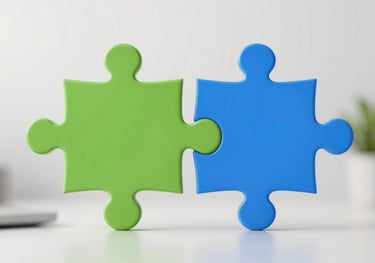 Graphic icon of two puzzle pieces coming together, stylized in #2E8BC0 blue and #8C9A4D olive green, representing strategic alliances and cooperation.