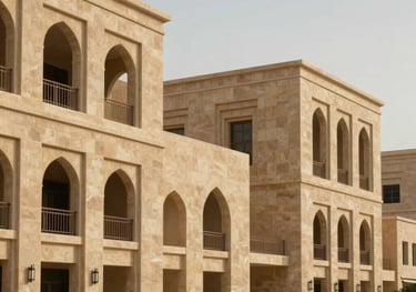 Architectural exterior of a prestigious mixed-use development complex in Middle Eastern / Gulf, featuring clean geometrical lines and warm desert beige stone finishing.