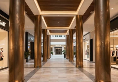 High-end shopping plaza in Middle Eastern / Gulf region with open-air pedestrian avenues, elegant bronze pillars, and warm exterior lighting.