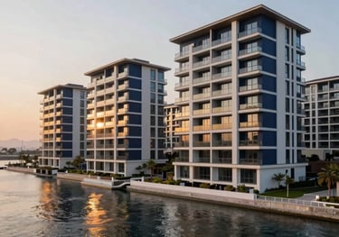 Wide angle shot of a luxury waterfront residential development in Middle Eastern / Gulf, showcasing clean modern design, deep navy accents, and warm sunset reflections.