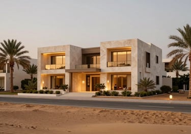 Luxury modern residential villa complex with contemporary Middle Eastern / Gulf architecture, warm gold exterior lighting, desert sand hues, and surrounding lush palm gardens.