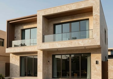 Architectural photograph of luxury modern villas in Middle Eastern / Gulf environment with sleek structural lines, warm beige stone cladding, and wide glass windows.