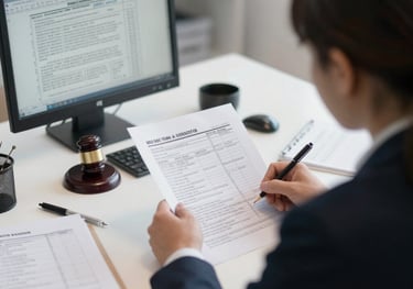 Professional accountant reviewing tax documents in a modern office setting.