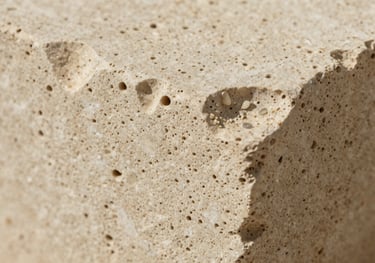 A macro photograph of a beige travertine stone, showing the characteristic porous texture and warm cream tones in a global professional context.