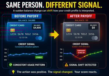 Before and after credit utilization comparison showing how paying off a credit card changes credit s