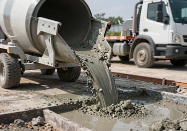 Ready-mix concrete being poured from a transit mixer chute onto a slab form, mid-morning site light, wet concrete texture, no posed workers
