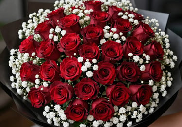 A romantic photography shot of a large bouquet of deep red roses and white baby's breath, beautifully arranged and ready for a gift delivery in a modern setting.